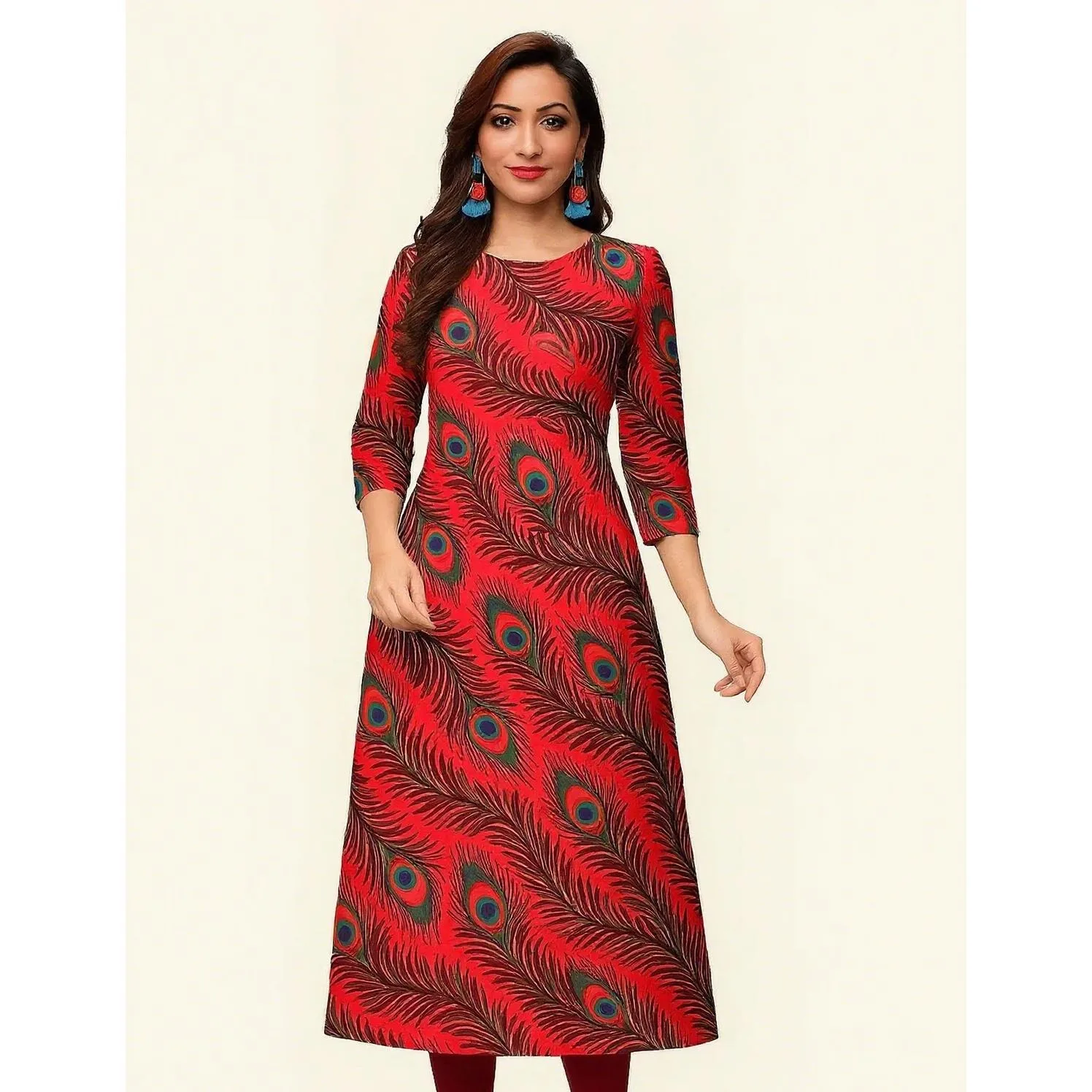 فستان Kurtta نسائي عصري مستقيم أنبوب غير رسمي بفتحة مشرقة وحاشية أنماط الطاووس رداء عربي تقليدي عربي مسلم #6