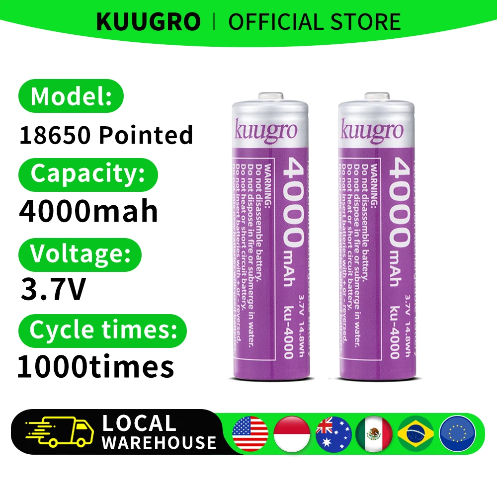 Akumulator Kuugro 18650 4000mAh z ostrym wyprowadzeniem, 3.7V, najwyższa pojemność, 12A, akumulatory do ładowania, do latarek.