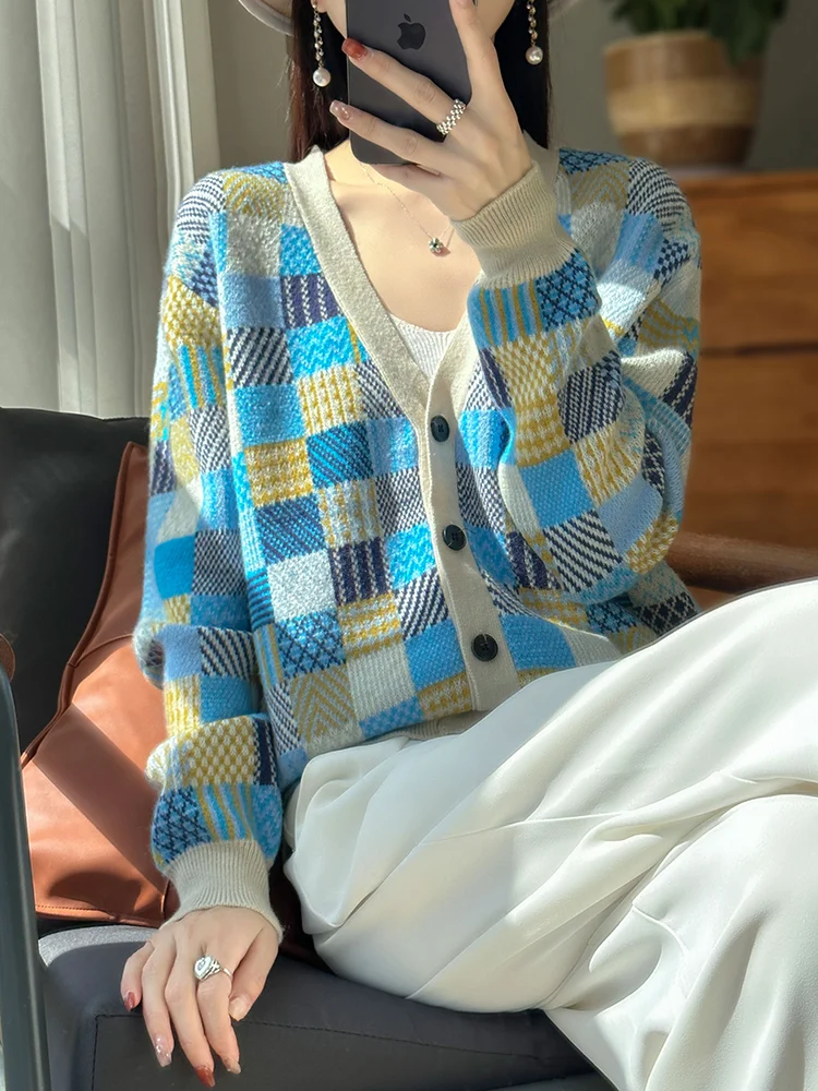 ADDONEE Autumn Winter Women Cashmere Sweater V-neck Plaid Colorful Cardigan 100% Merino Wool Knitwear Korean Popular Clothing