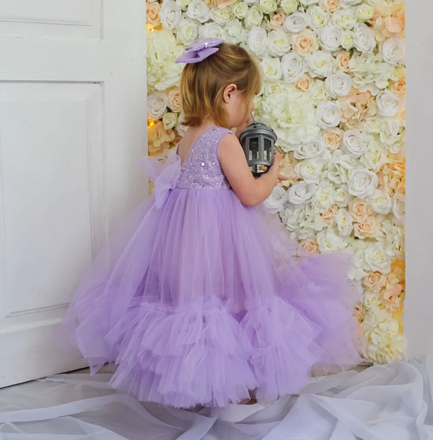 Robe de ixd'Anniversaire à Paillettes pour Petite Fille, Tenue de Gâteau, Bouffante, à Gros Nministériels d, à Fleurs, pour Première Cérémonie, Nouvelle Collection 2024