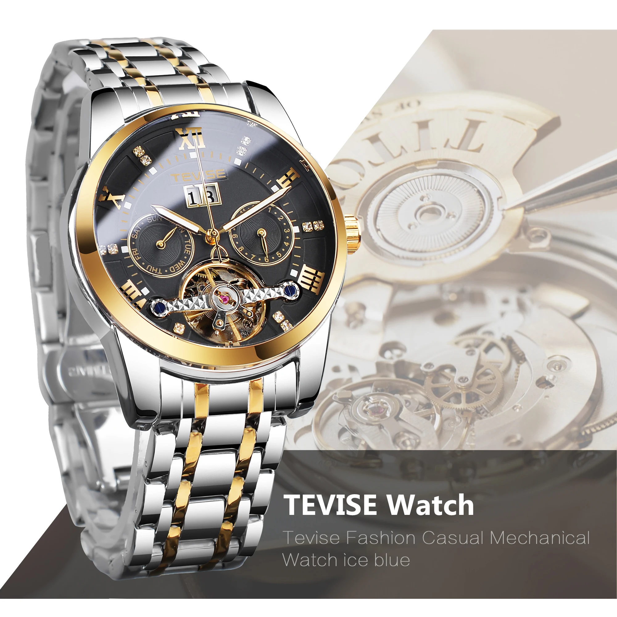 TEVISE Automatic Mechanical Men Watches Top Brand Luxury Diamond Gold Black Fashion Stainless Steel Belt Man Watch Waterproof