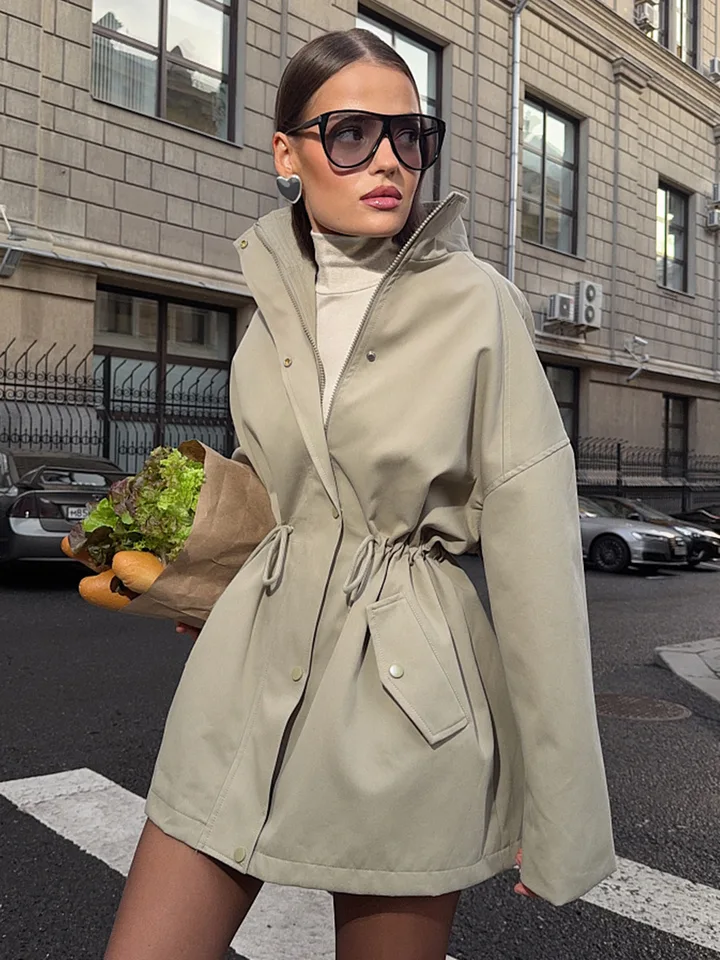 Wolfeel Women's Stand Collar Mid length Trench Coat Drawstring