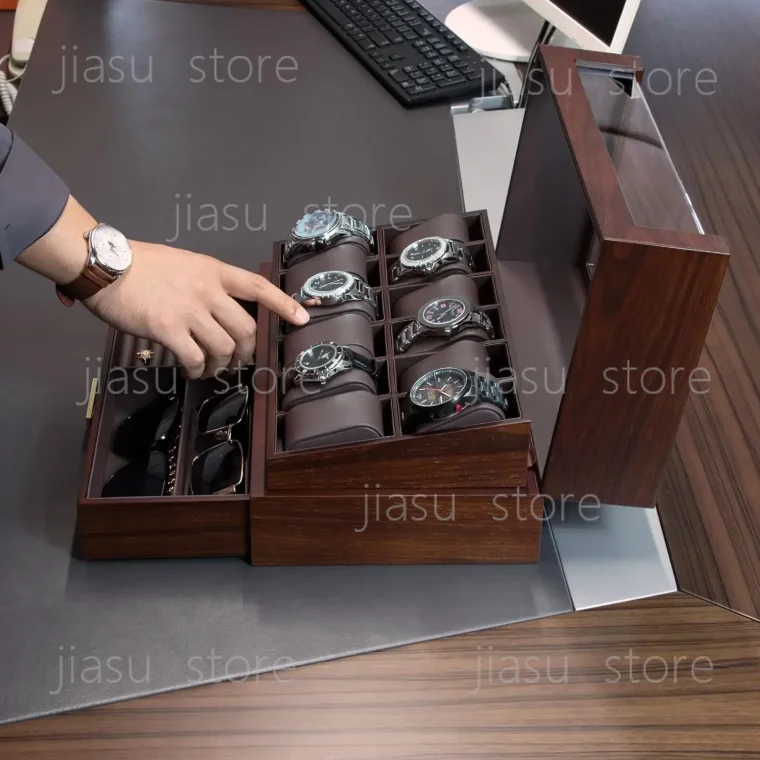 12-Slot Wooden Watch Box with Glass Top, 2-Layer Luxury Watch Display Case for Men and Women, Gift