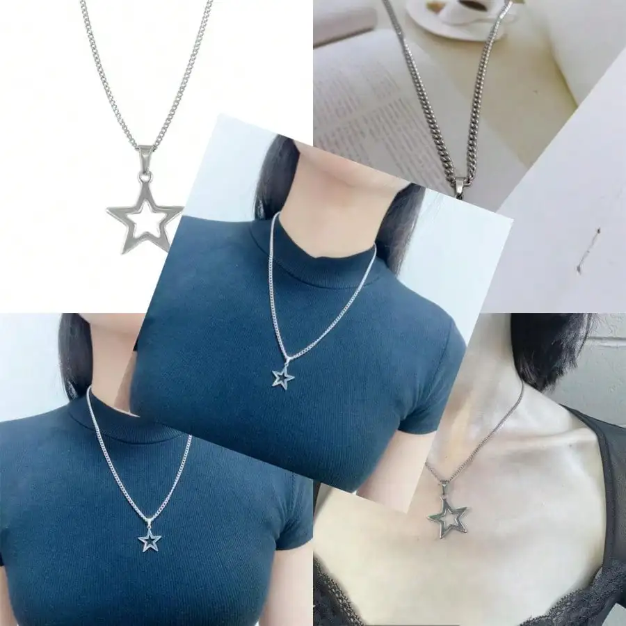 

Минималистичное ожерелье с подвеской в виде полой звезды из нержавеющей стали, регулируемая цепочка, серебристый оттенок.