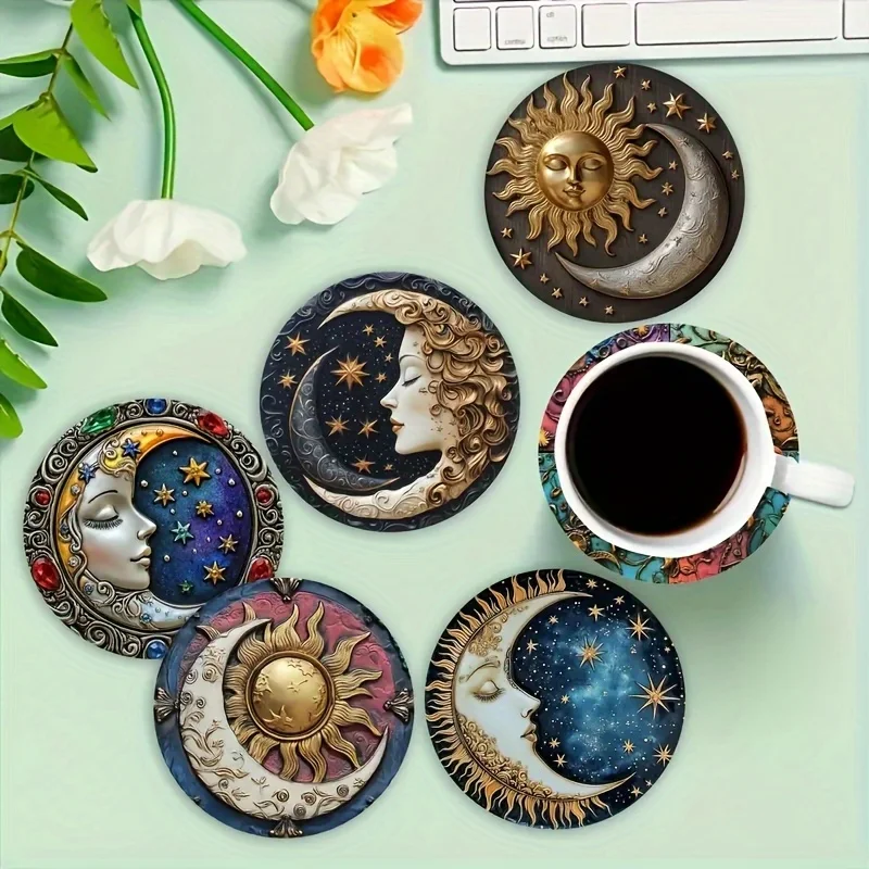 2D Scandinavian Vibe Wooden Cup Mat Solar Deity Celestial Emblem Innovative Surface Guard Dining Pub Cafe Tearoom Decor Gift