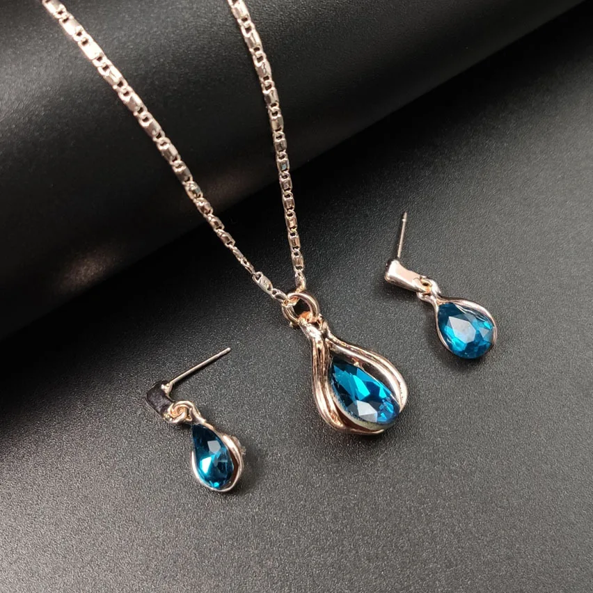 Fashion European and American Blue Zhihai Creative Geometric Wedding Earrings Necklace Set Women\'s Blue Green Water Drop Set