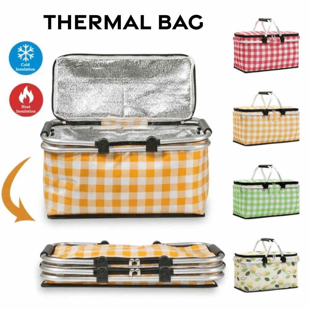 Large Capacity Insulated Picnic Basket Leak Proof Aluminum Foil Lining Cooler Bag Strong Metal Handle Oxford Cloth Material