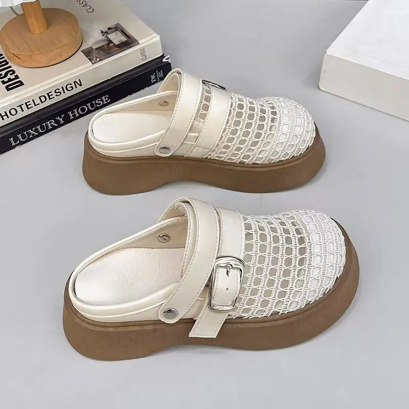 

Женские сетчатые сандалии на танкетке Baotou, летние нескользящие уличные полутапочки двойного назначения на толстой подошве, сандалии на высоком каблуке