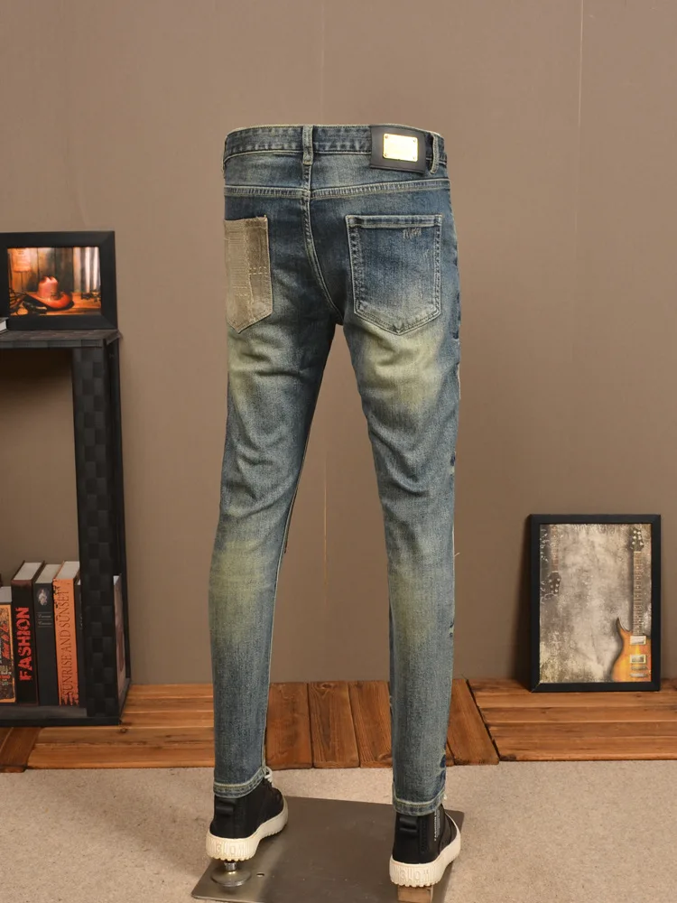 Spring and Autumn Ripped Jeans Men's Distressed Stretch Slim Fit Skinny Cloth Patch High Street Retro Blue Casual Men's Trousers