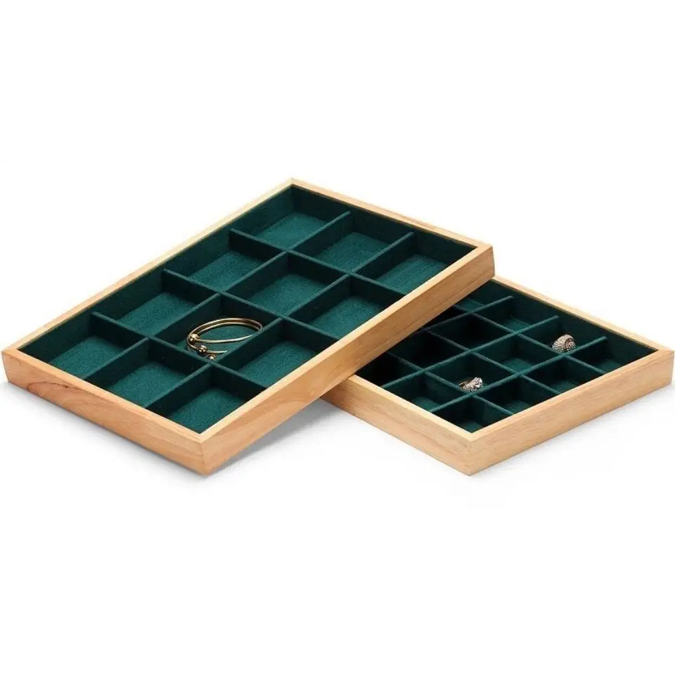 짙은 녹색 벨벳 대나무 보석 디스플레이 트레이 링 귀걸이 목걸이 팔찌 펜던트 주최자 서랍 보석 보관함