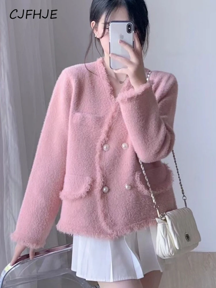 CJFHJE Chic Pearl Button Tassel Cardigan Jacket Women Sweet Loose Korean Knitted Cardigan Coat Elegant Pink All Match Casual Top