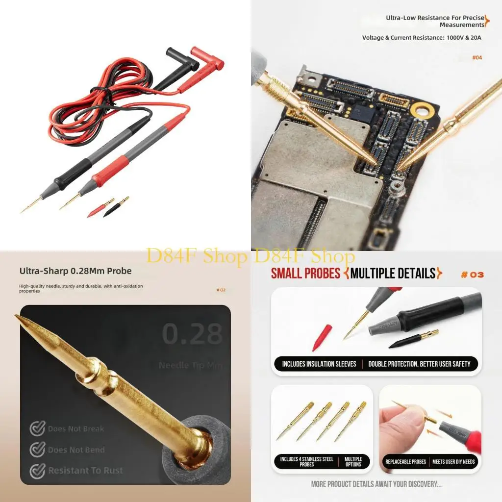 D84F Replaceable Tip Multimeter Probes with Soft Silicone Wire 1m for Easy Handling
