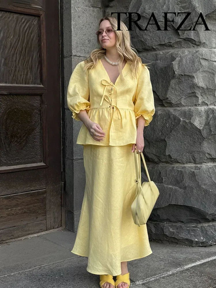 

TRAFZA Women New V-Neck Puff Sleeves Lace-up Decorated French Style Shirt+Summer Elegant Zipper Fishtail Hip Midi Skirt Suit