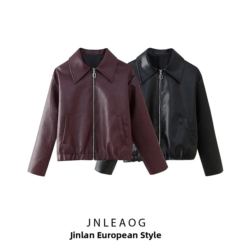JNLEAOG Jesienna Nowa Modna Casualowa Długa Kurtka Skórzana Damska Odzież Wierzchnia Uniwersalny Design Płaszcz z Tkaniny Poliestrowej