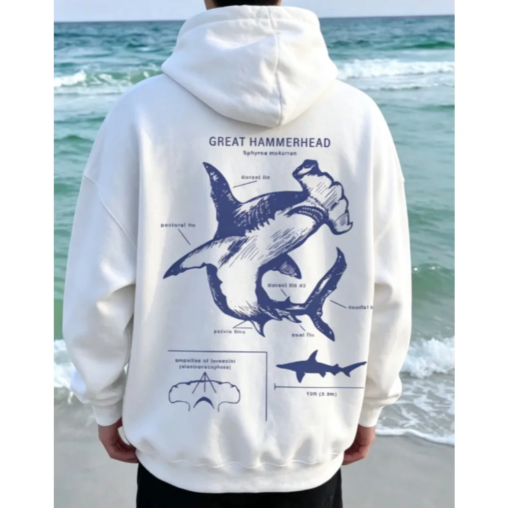 Unisex Pullover Hoodie Great Hammerhead Shark Anatomy Diagram Back Print Drawstring Kangaroo Pocket Ocean Animal Street