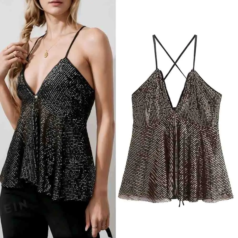 

Women's summer fashion sequin decoration sexy V-neck suspender top retro sleeveless backless women's vest chic top