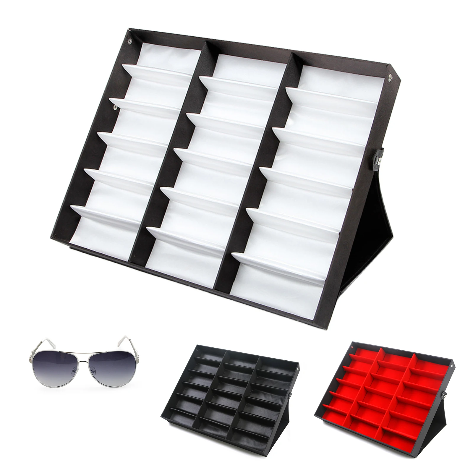 

18 Grids Glasses Display Sorting Storage Box Eyeglass Sunglasses Organizer Flipped Folded Lid With Side Button 18.7"*14.7"*2.2"