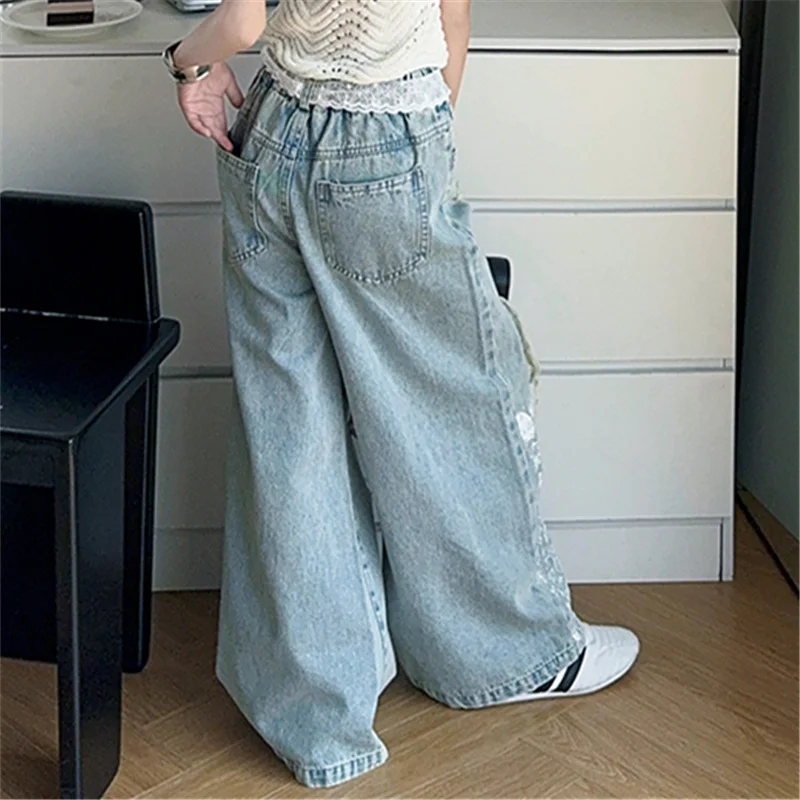 Kids Stylish Streetwear y2k Jeans For Girl Lace Drawstring Denim Pants Child Fashion Hip Hop Ripped Jeans Trousers with Holes