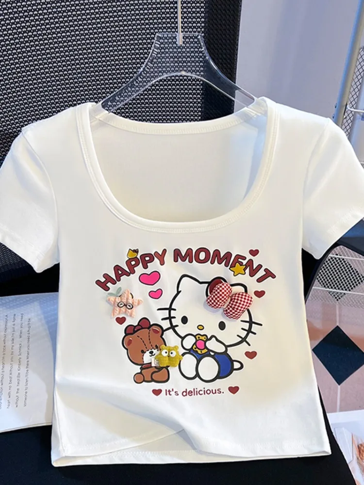 

Женская летняя футболка Slim Fit с коротким рукавом и вырезом U-образной формы, в корейском стиле, с принтом, из хлопка, для повседневной носки, в стиле Pure Desire Spicy Girl