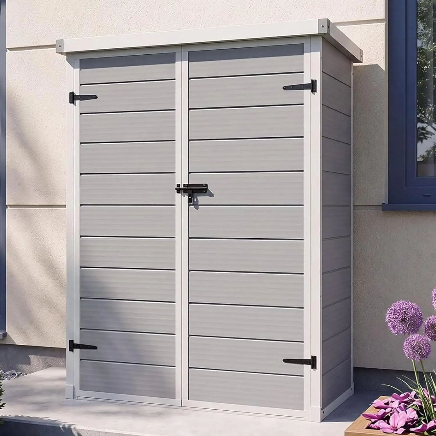 Outdoor Tall Storage Shed 5×3×7ft Vertical with Floor & Lockable Doors, Large Plastic Cabinet for Yard Supplies, Customized