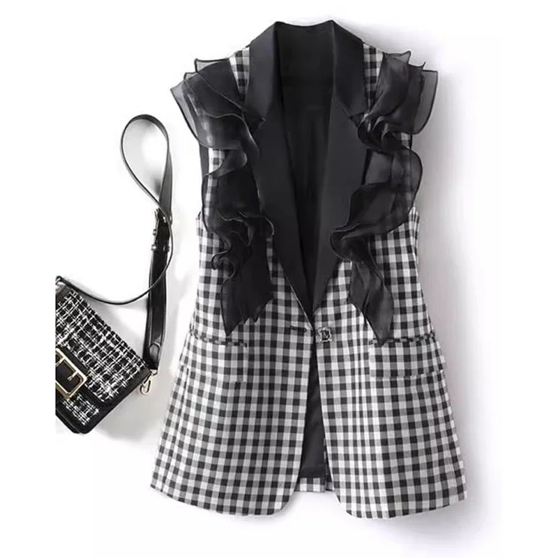 

Femme Sleeveless Waistcoat Female Blazer Women's Vests Autumn 2026 New Plaid Casual Contrast Stitching Suit Vest Jacket