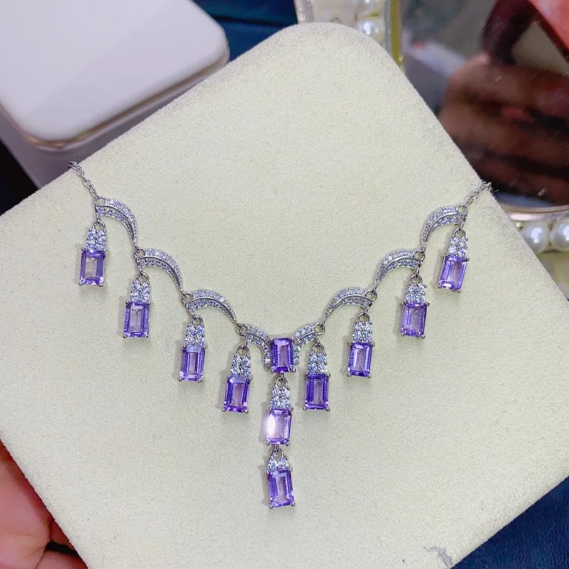 Natural Amethyst Necklace, 925 Sterling Silver, Luxury Emerald Cut Gemstone Pendant, Evening Party Fine Jewelry for Women view 4
