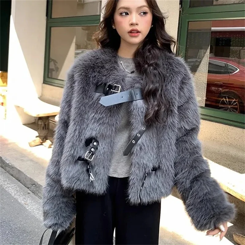 Fashion Fur Coat Women Short Jacket Faux Fox Fur Jackets Streetwear Ladies O-neck Fur Tops Autumn Winter Black Grey Fur Coats