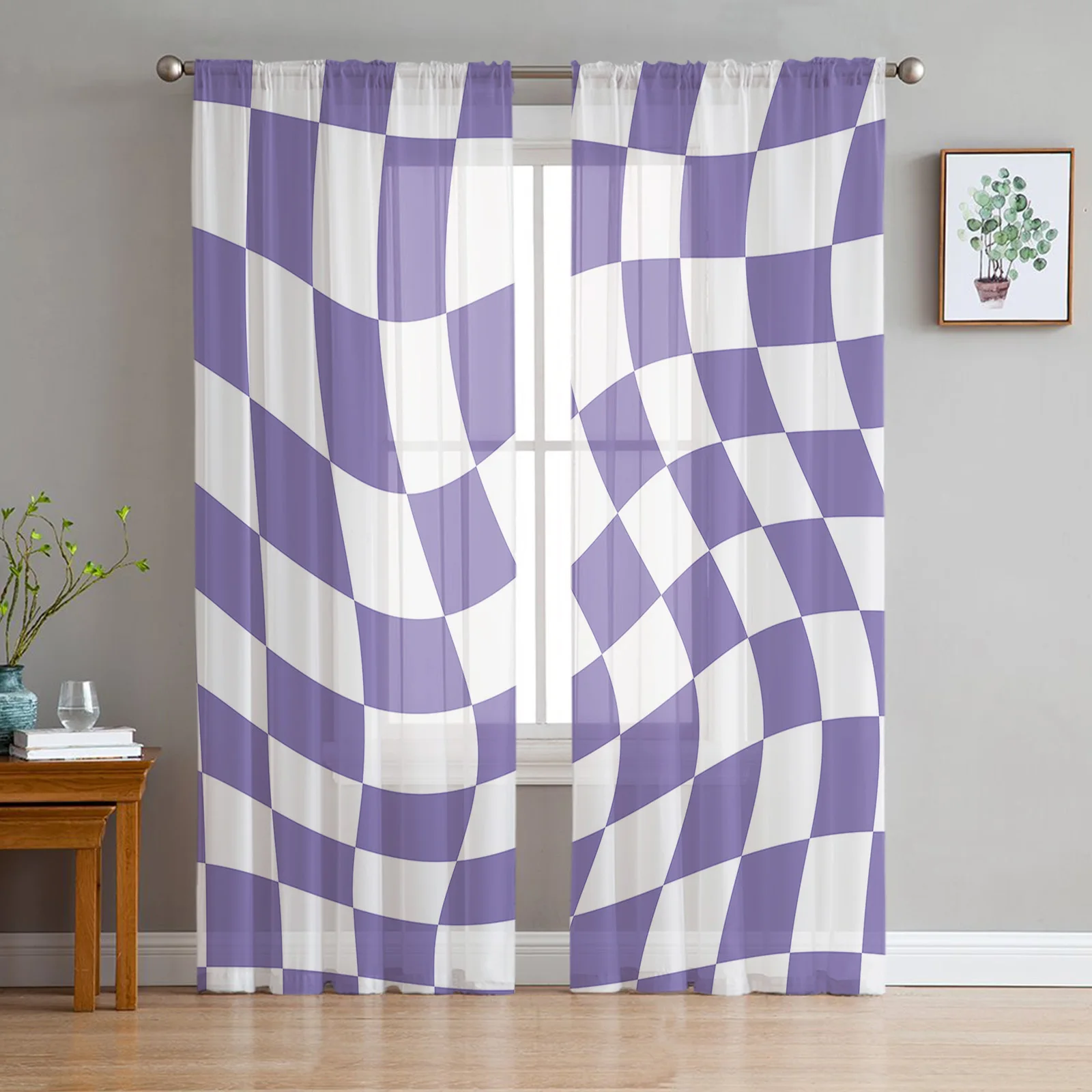 

Lattice Deformation Color Block Purple Sheer Curtains Living Room Bedroom Kitchen Decoration Window Voiles Organza Tulle Curtain