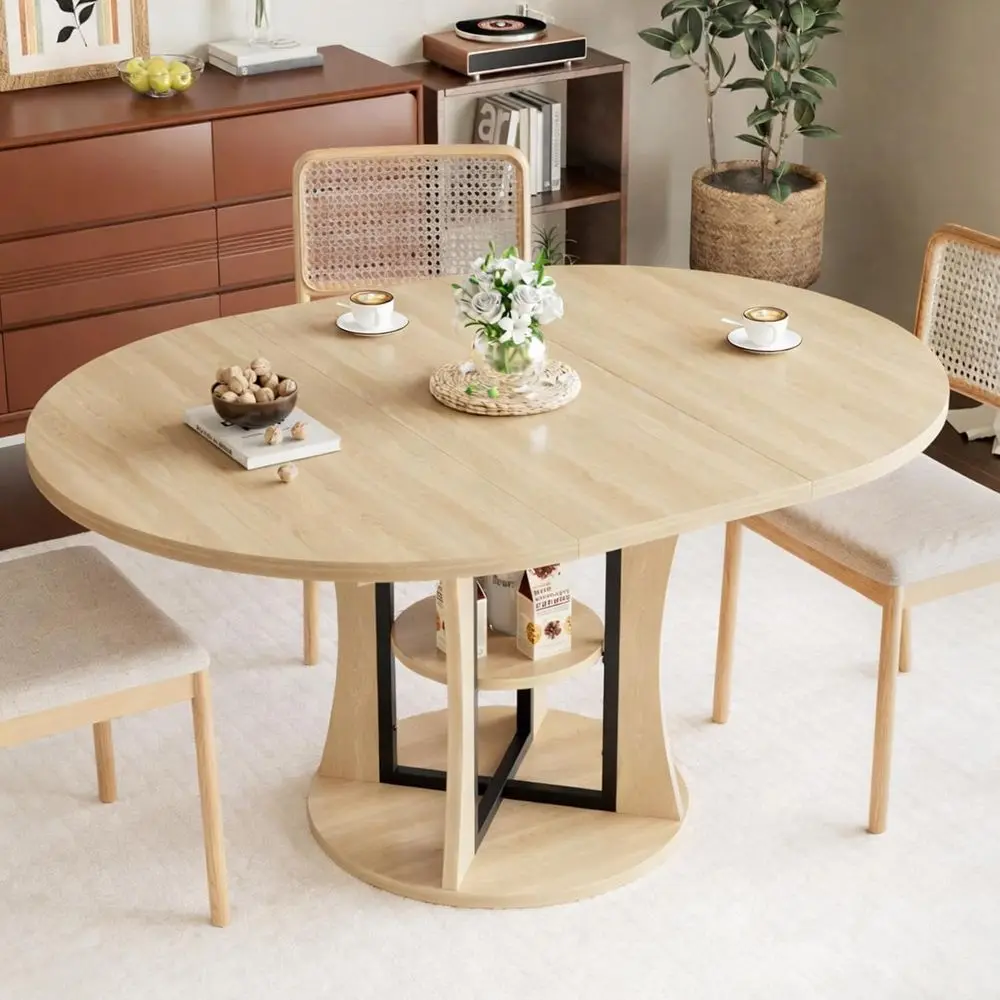 

Expandable Round Dining Table for 4-8, Space-Saving Oval Kitchen Table with Storage for Living and Dining Rooms