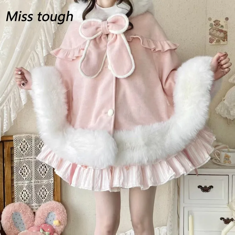 

Зимняя японская накидка, пальто, женские ветровки, утепленная теплая куртка с кроличьими ушками, Лолита Y2k, кавайная куртка, верхняя одежда, женская одежда