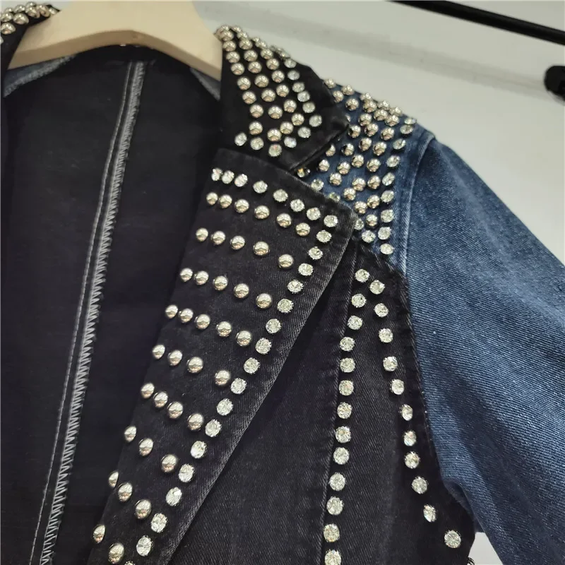 

Autumn Women Rivet Diamonds Denim Spliced Plaid Blazer Coat Jeans Patchwork Suit Jackets Female Loose Casual Mid Long Blazers