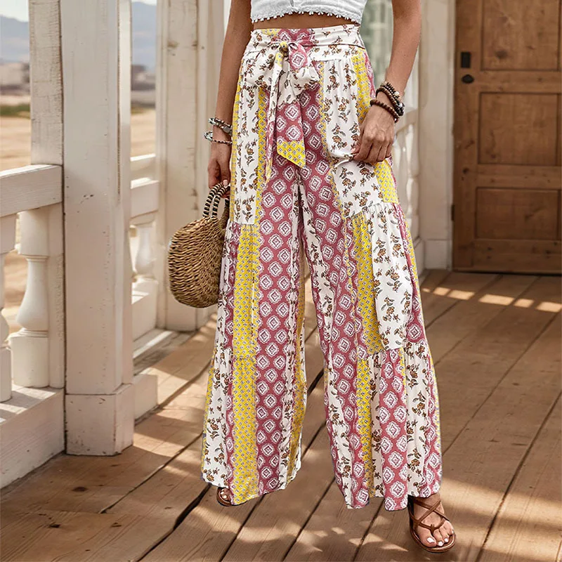 2025, Sommerhose mit hoher Taille, weitem Bein, Spitze, Spleißstil, lässige Hose mit weitem Bein