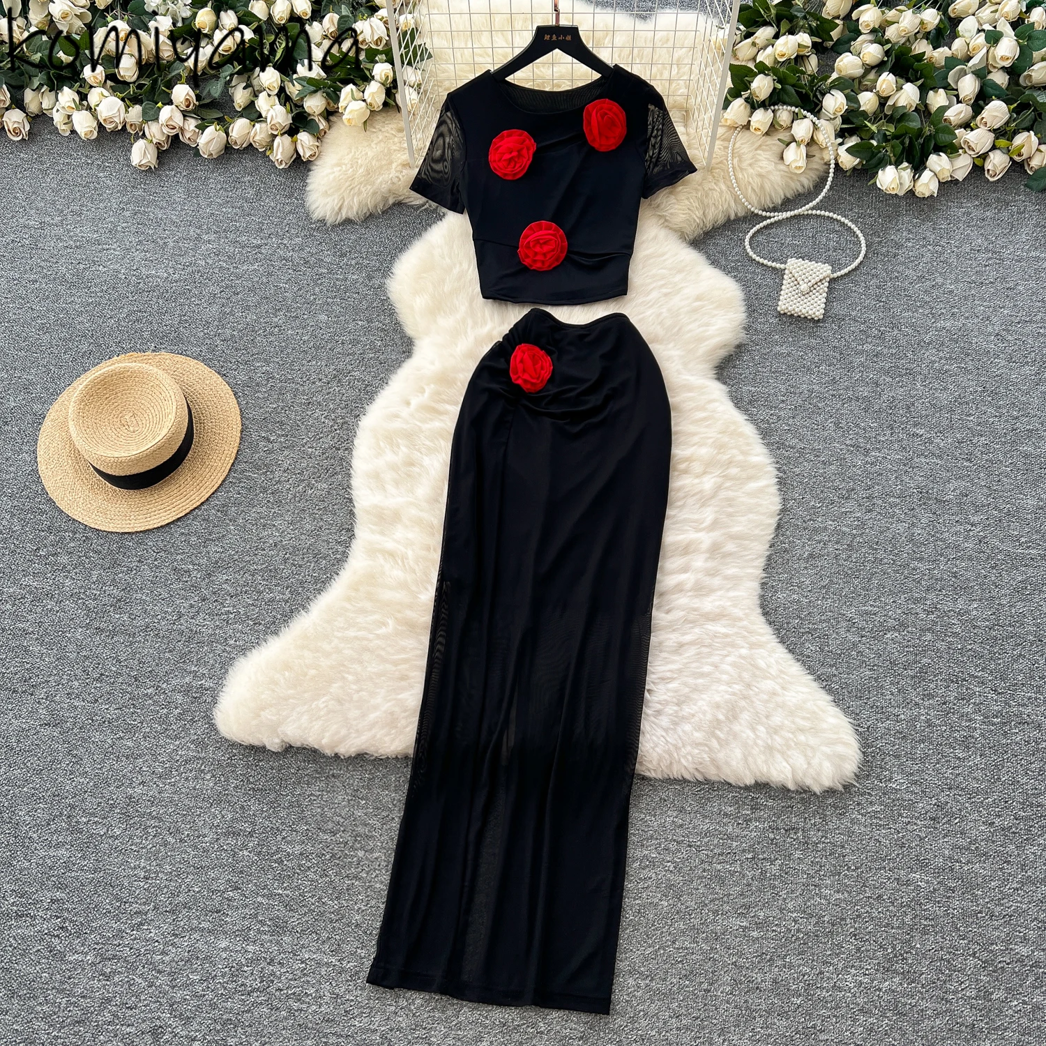 

Woman 2025 New 3d Flower Sets Round Neck Mesh Short Sleeve Ropa De Mujer High Waist Bodycon Skirt Hit Color Feminino Suit