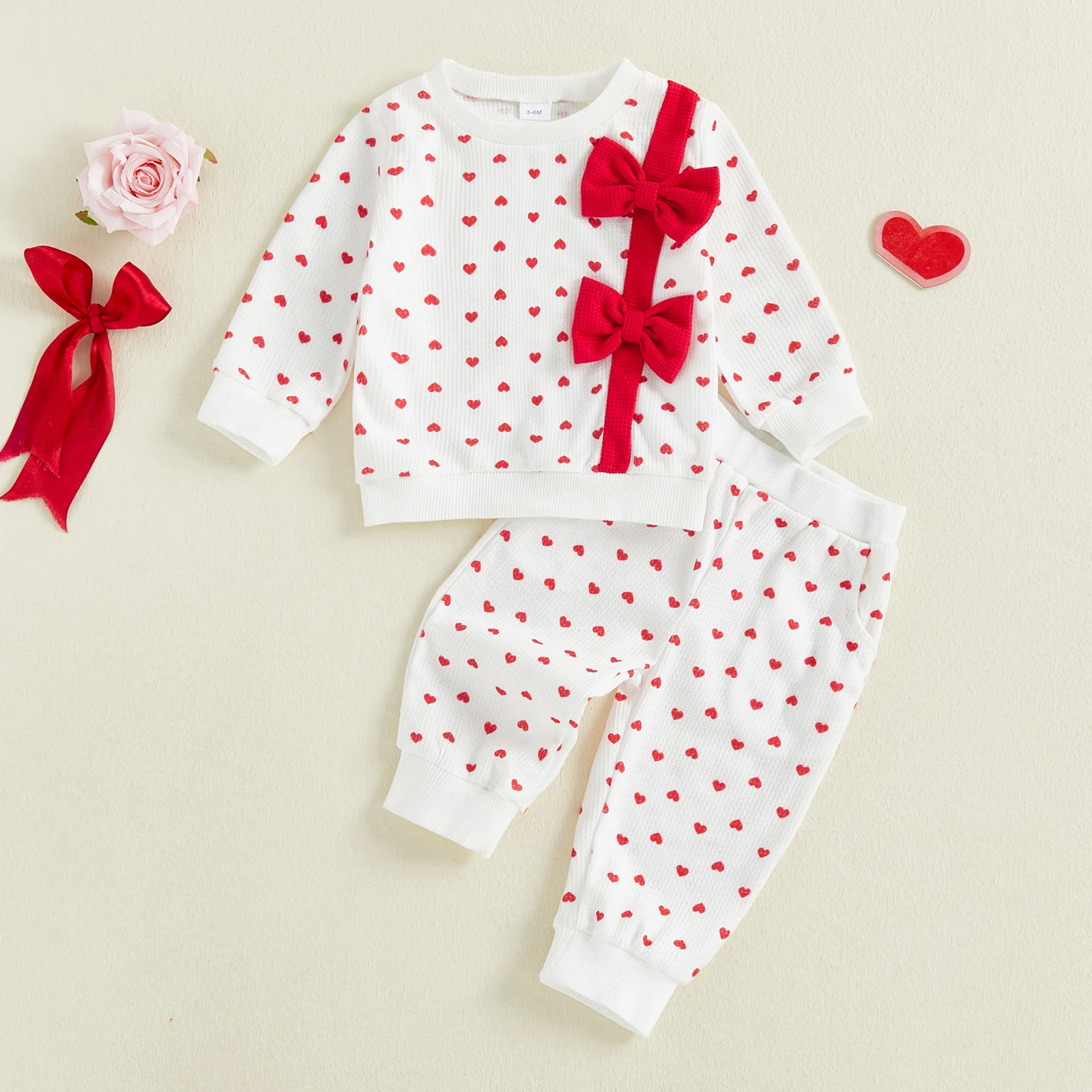 Baby Girl Valentine’s Day Outfits Long Sleeve Bow Front Sweatshirt Tops Pocket Pants Set Cute Toddler Baby's Waffle Clothes Set