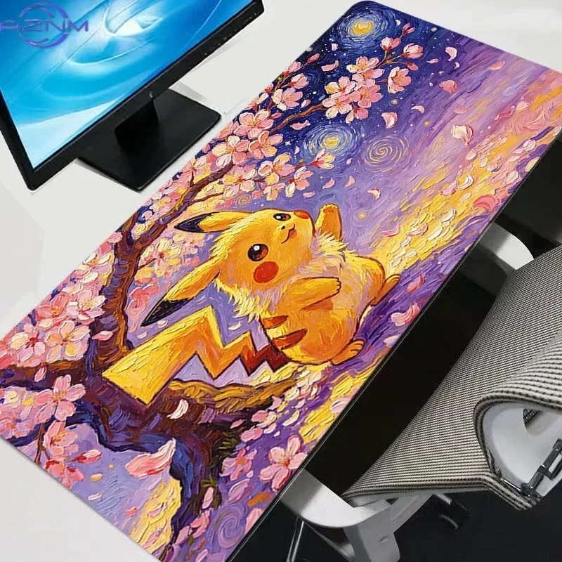Pikachu Starry Night Cherry Blossom Van Gogh Style Large Mousepad, Rubber Non Slip Desk Mat for Gaming and Office Desktop Decora