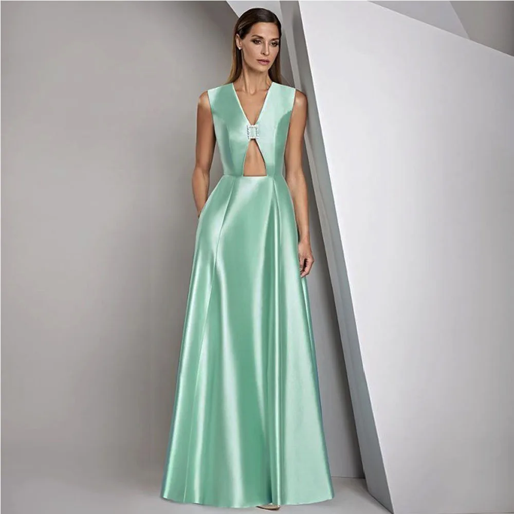 Modern A Line Satin Wedding Guest Gowns for Women V Neck  Mother of the Bride Dresses  Sleeveless Floor Length Evening Dress