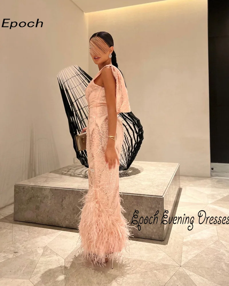 Luxury Evening Dress For Sexy Women 2024 فساتين السهرة Elegant Straight O-Neck Lace Feathers Bodice Cocktail Party Prom Gown