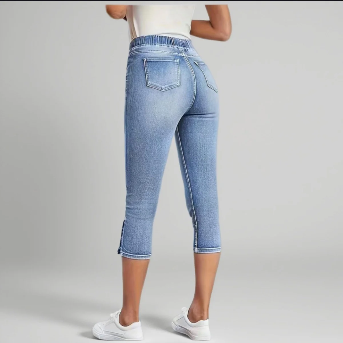 Summer Women's Elasticity Tight Fitting Jeans European and American Style Elastic Waist Denim Capri Pants Retro Capri Pants New