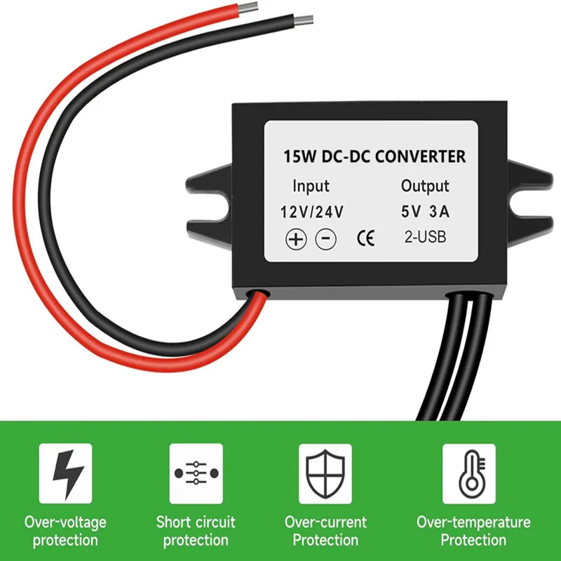 DC 12V/24V to 5V 3A 15W Step Down Converter Type-C Buck Module Power Adapter Compatible with Raspberry Pi 4, Cell Phones