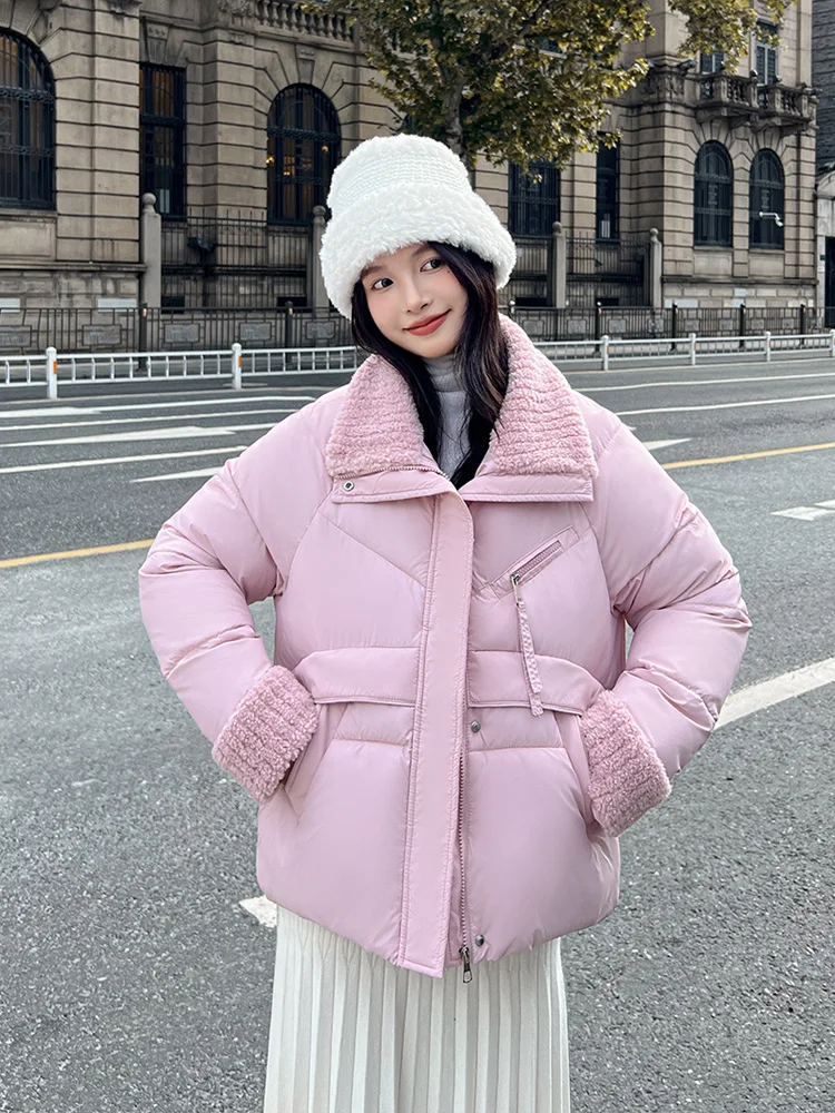 Vielleicht 2024 New Fashion Short Women Winter Jacket Lamb Lapel Cropped Coat Parkas Warm Snow Wear Cotton Padded Women Clothes