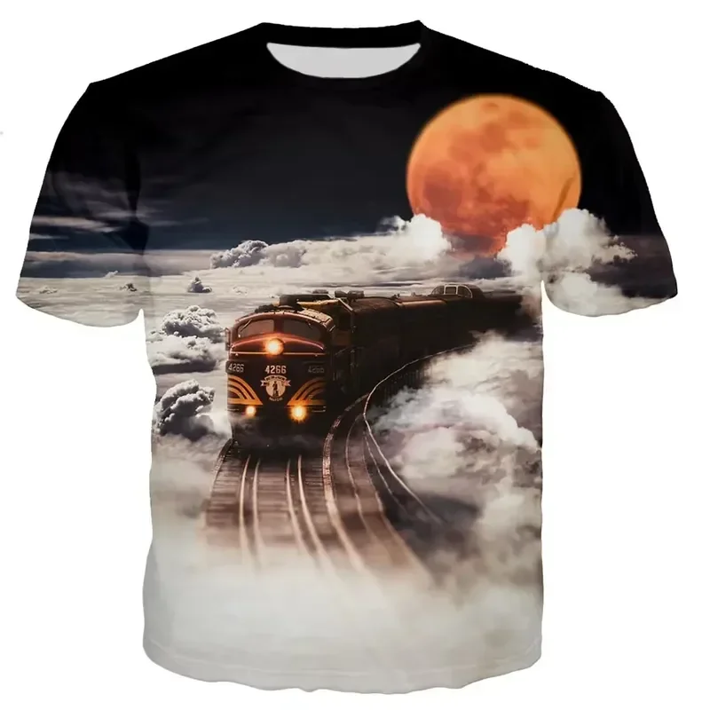 Men T Shirt Retro Train Engine Pattern Printed Round Neck Short Sleeve Street Fashion Cool Plus Size Top Summer New Casual