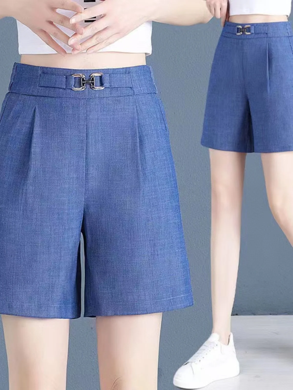 

High Waist Loose Fit Ice Silk Denim Shorts Women's Summer 2023 New Style Five-Quarter Casual Wide Leg Pants
