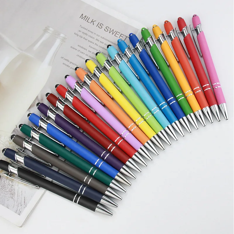 12 pcs Wholesale Pen Press Aluminum Rod Spray Glue Metal Touch Screen Ballpoint Pen Engraving Gift Advertising Touch Pen