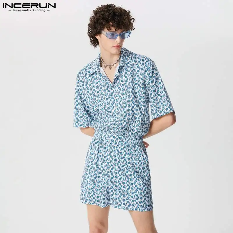 2024 Men Rompers Printing Summer Lapel Short Sleeve Vacation Casual Fashion Male Jumpsuits Streetwear Playsuits Shorts INCERUN