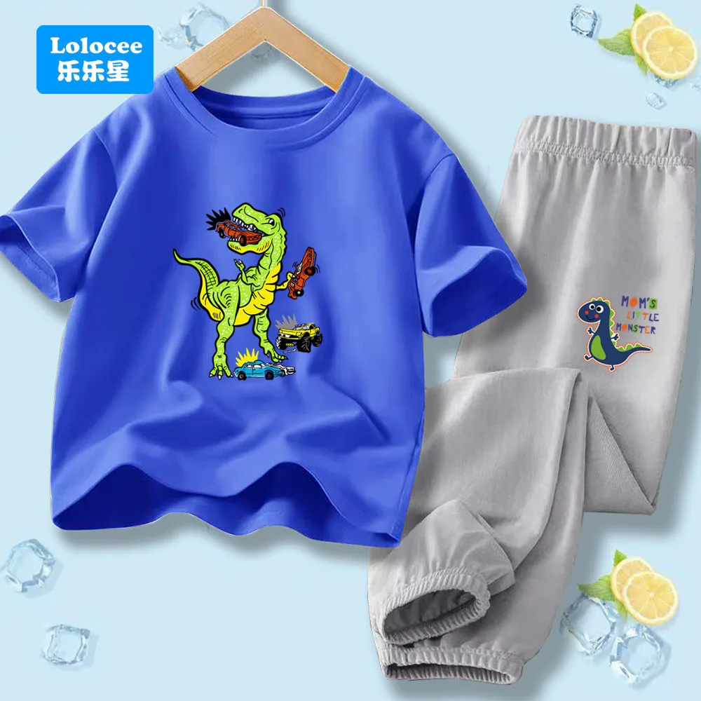 Lolocee Kids Dinosaur & Car Print Outfit, Short Sleeve T-Shirt & Blue Pants Set, Cute Dino Cartoon Summer Clothes for Boys KL2