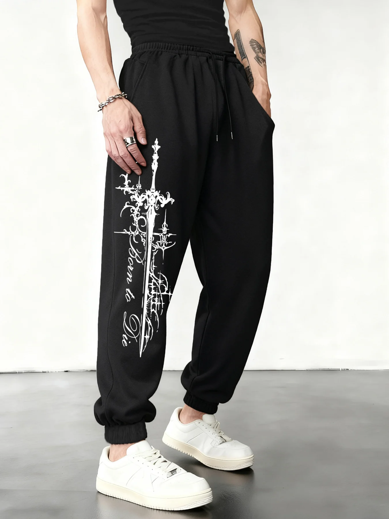 God Sword Gothic Tattoo Dark Style Men's Casual Sports Jogger Pants, Streetwear Sweatpants Fashion Daily Trousers S-3XL