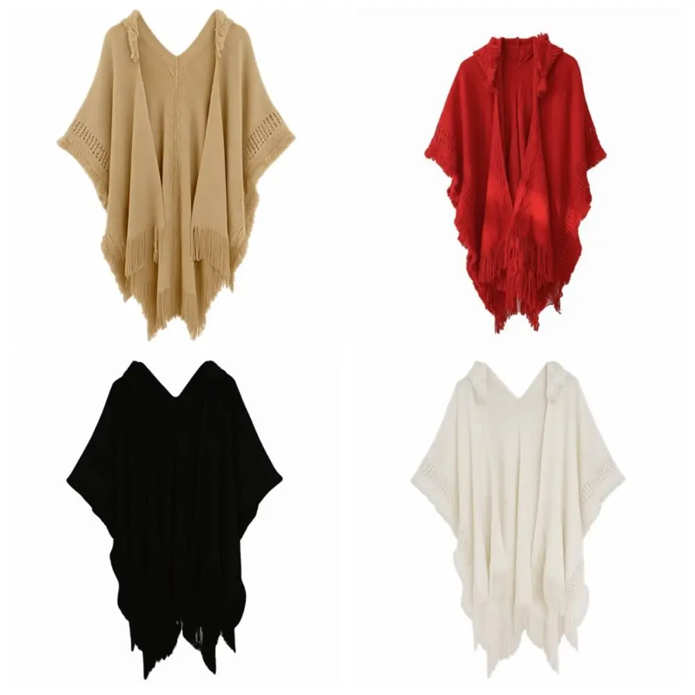 بسيطة شرابة محبوك هوديي شال الكروشيه أعلى الأوشحة الكبيرة النساء عباءة وشاح اكسسوارات التفاف مساء الرؤوس الخريف والشتاء