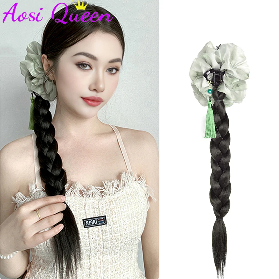 AOSI Synthetic Ponytail Wig For Women New Chinese Style Twist Braid Ink Tassel Claw Clip Ponytail