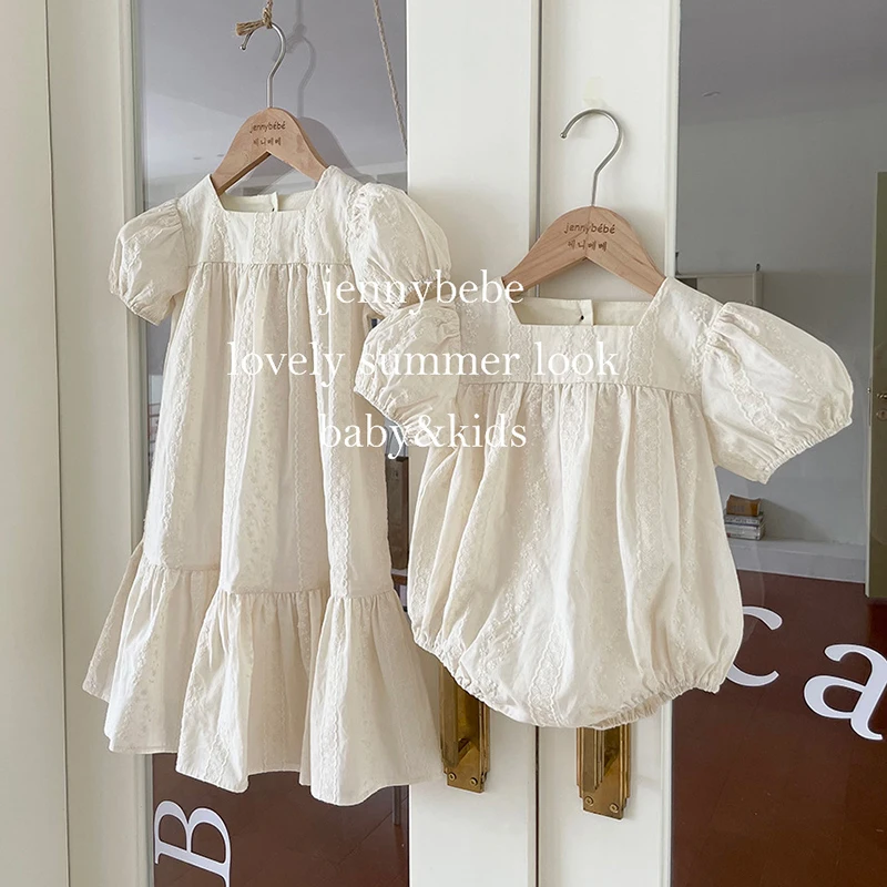 Family Matching Clothing Summer Sisters Dress Sweet Kids Baby Girls Infant Kids Baby Girls Embroidery Princess Clothes Rompers