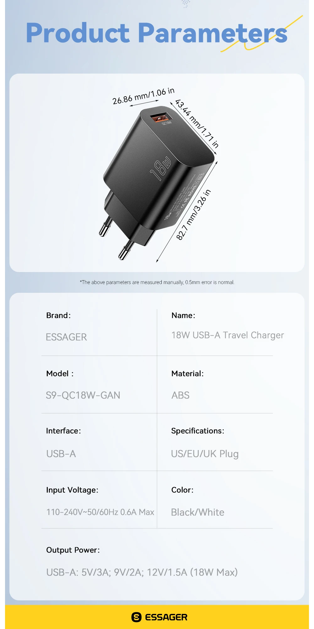 Essager 18W QC3.0 USB A Charger USB Quick Charge 3.0 Fast Wall Charger for Samsung S24 Huawei Xiaomi iPhone Mobile Phone Charger